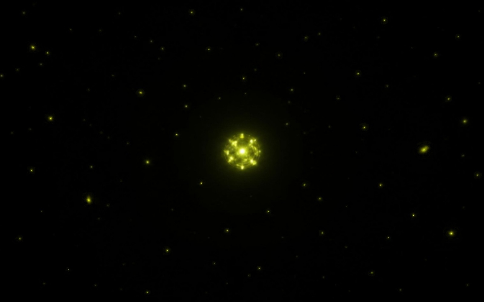 A dense, bright cluster of interconnected glowing points against a dark background, surrounded by faint, scattered isolated points of light