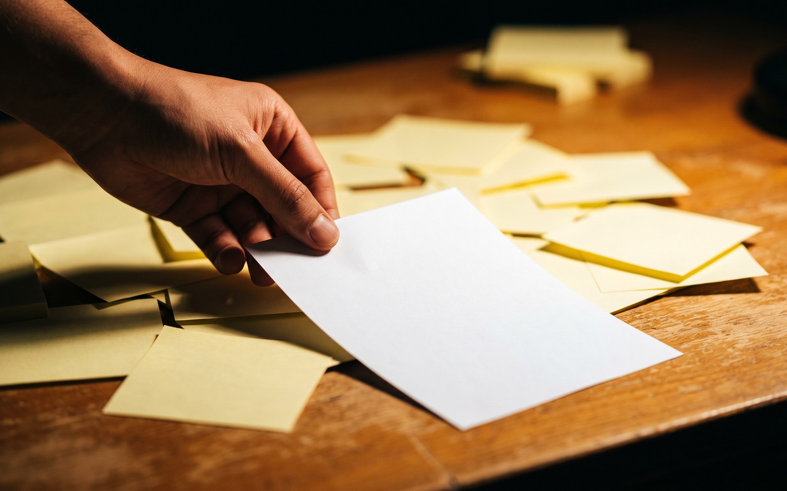 A desk covered in scattered blank sticky notes, a hand pulling one fresh blank sheet toward the center