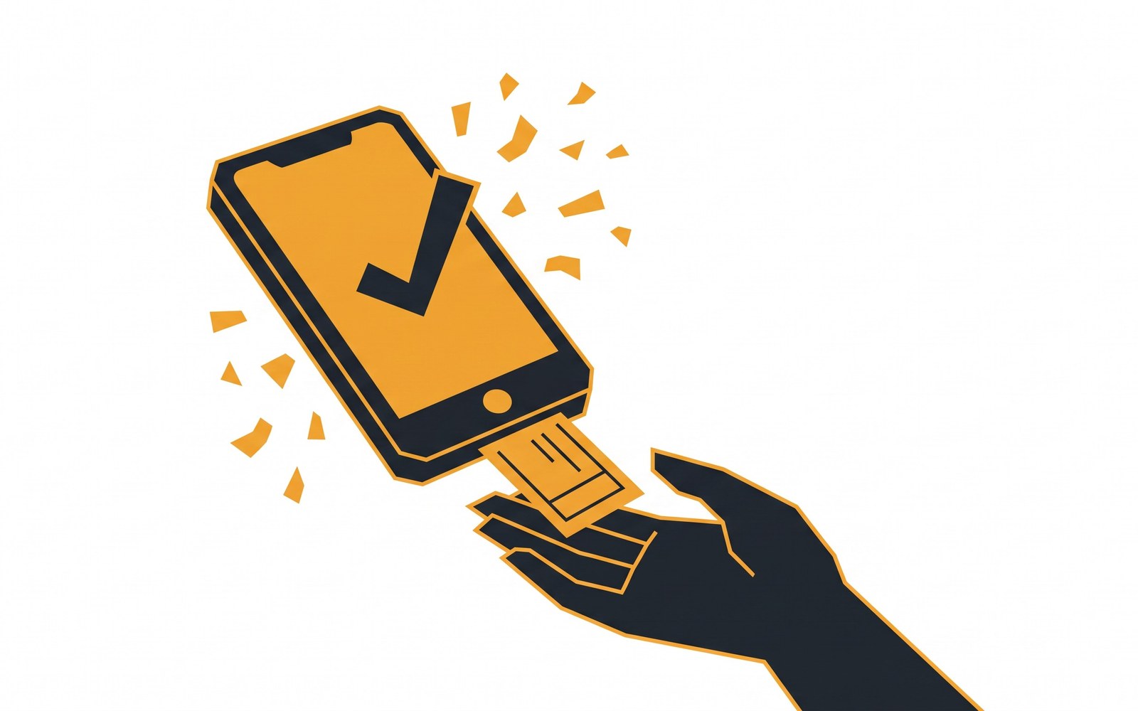 A smartphone showing a completion checkmark and confetti, with a small ticket or permission slip sliding out of the screen into a waiting hand