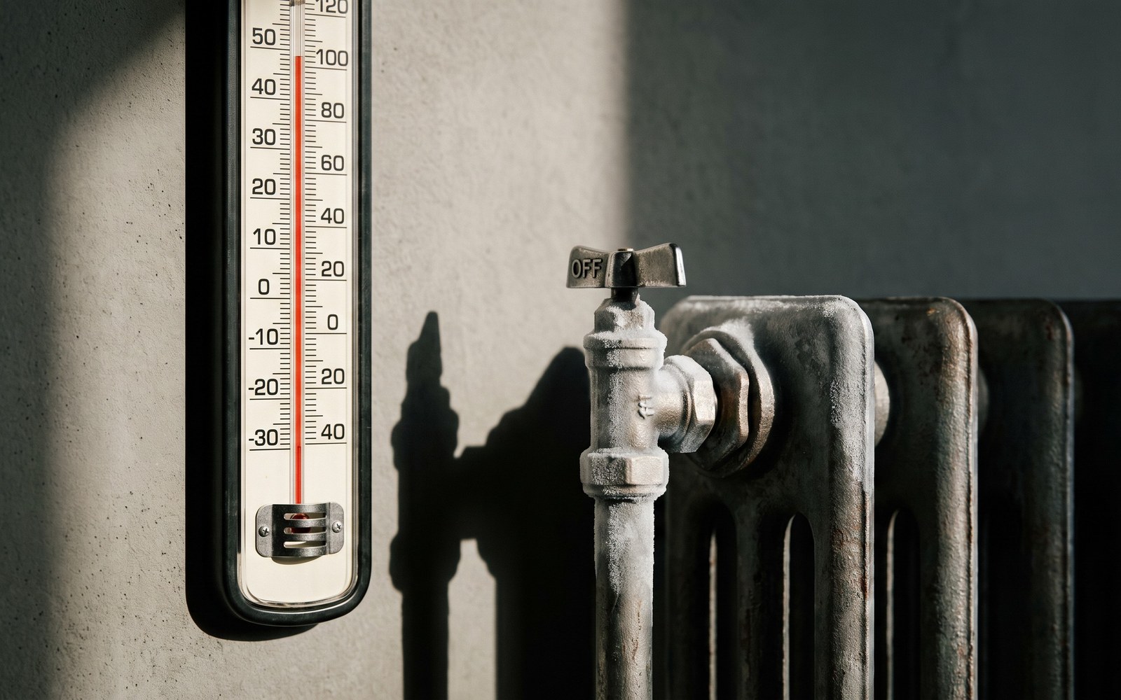 A wall-mounted analog thermometer beside an old radiator reading high, while the radiator's valve is visibly switched off