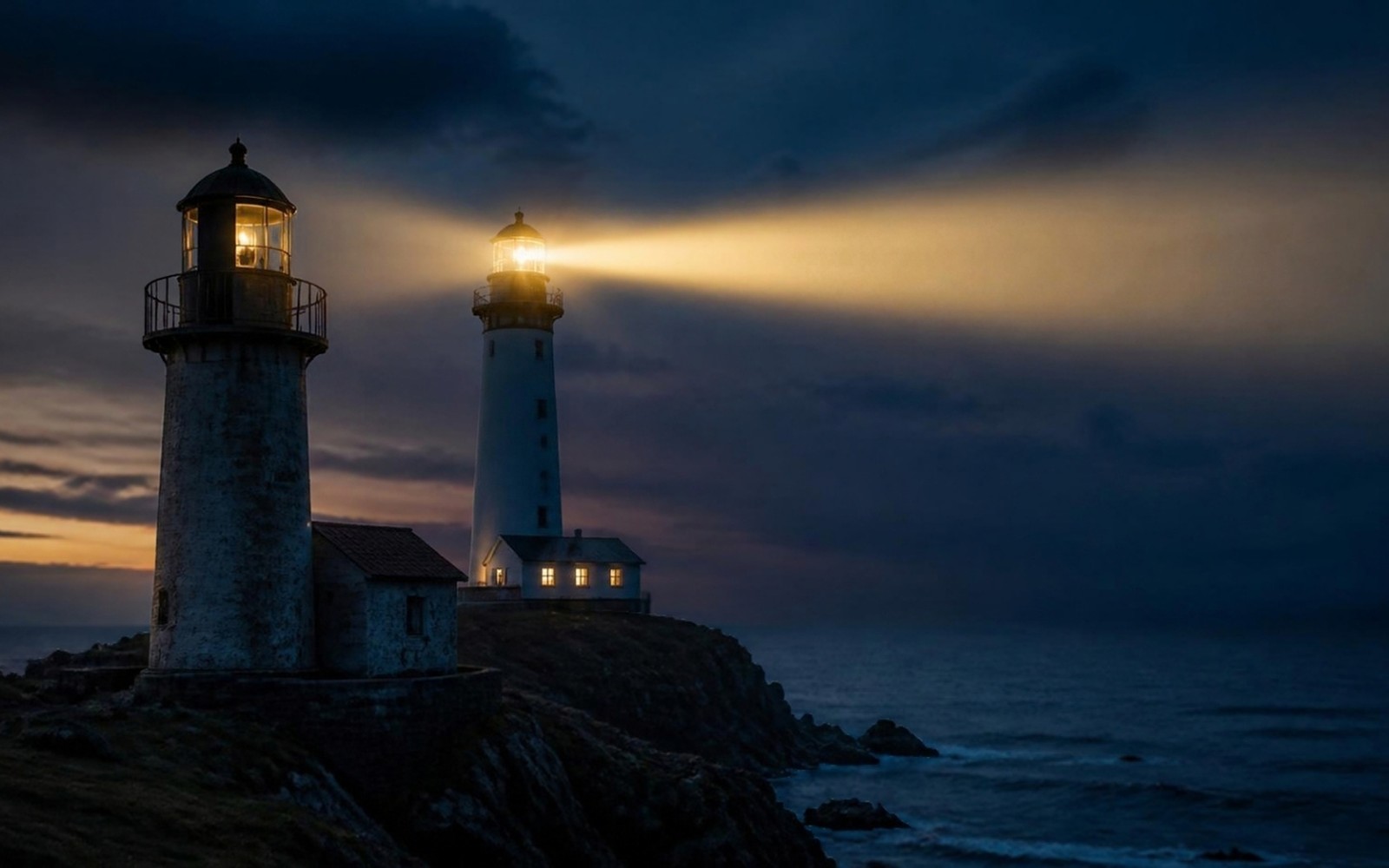 Two lighthouses on a rocky coastline at dusk, their beams overlapping and crossing in the sky above a dark sea