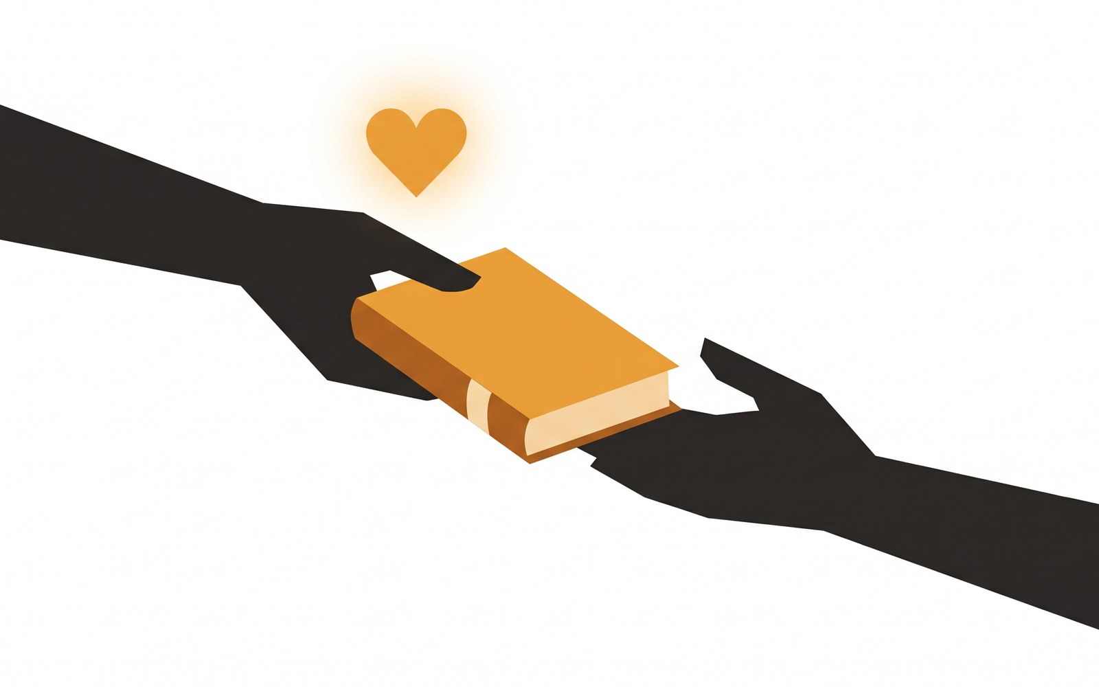 One hand passing a small book to another hand, with a warm glowing heart appearing above the hand that gave it