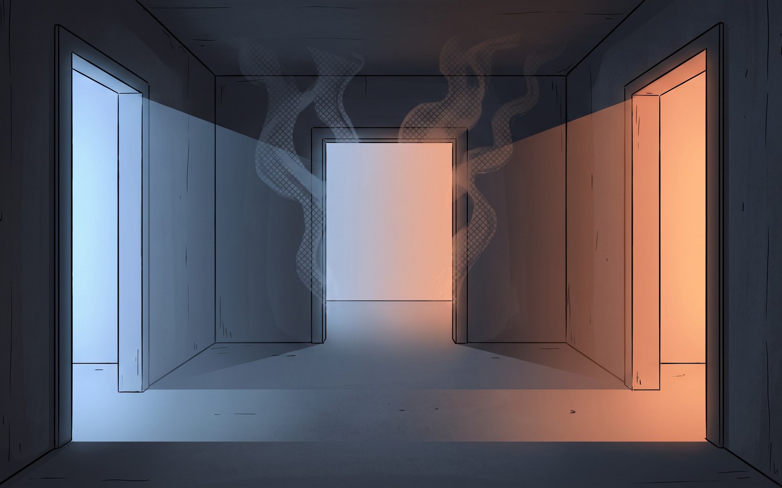 Two glowing tabs, chat and agent, converging into a single unlabeled doorway, with a faint ghost of the old fork still visible behind it like a trap that was quietly removed