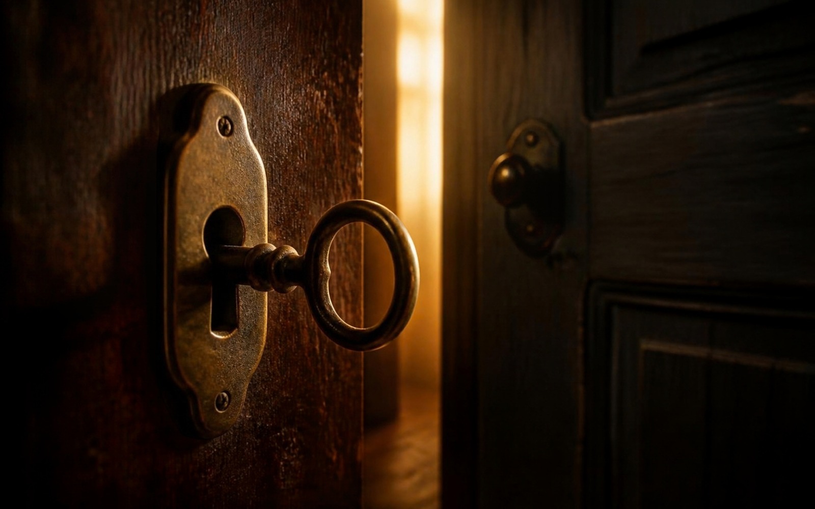 Macro photograph of an antique brass key turning in a worn lock, warm light spilling through a cracked-open wooden door into darkness