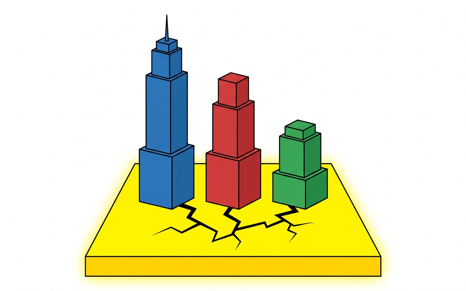 Three separate rival towers of different heights and colors rising from one shared glowing foundation slab, a small crack forming in the shared floor beneath all of them