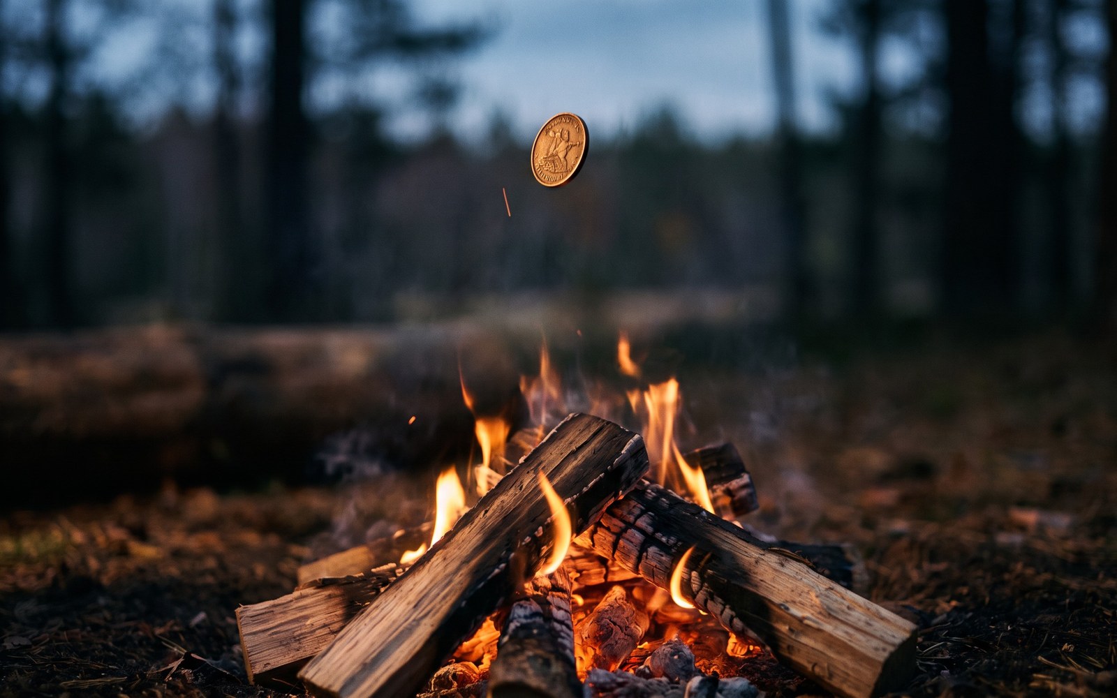 A small campfire burning at dusk, a single coin falling toward the flames