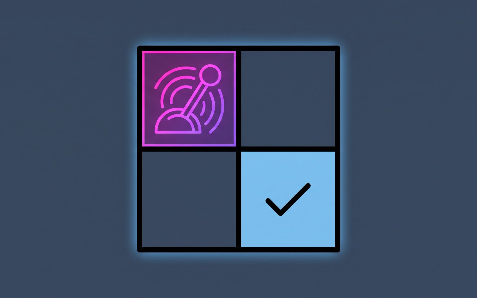 A two-by-two grid glowing on a dashboard screen, with one quadrant lit up warm and inviting like a slot machine and the opposite quadrant a plain quiet checkmark, both competing for the same attention