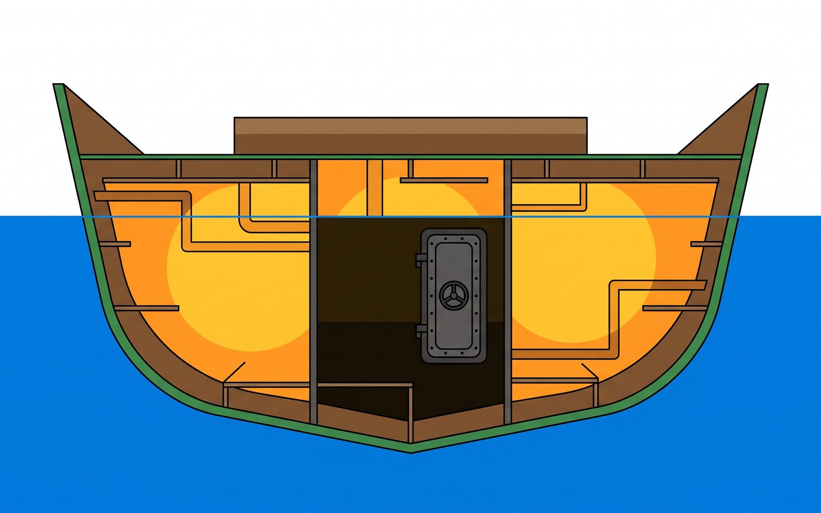 A ship's cross-section with watertight bulkhead compartments, one compartment flooded and sealed off while the rest of the ship stays dry and afloat, rendered as a metaphor for isolated software resource pools