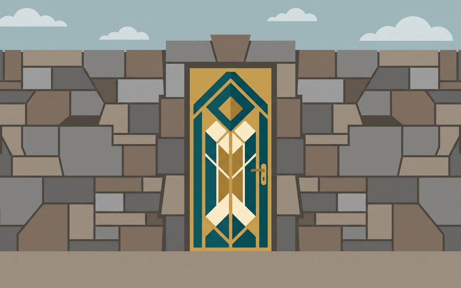 A shiny new door built into the middle of a tall stone wall, but the wall itself still blocks the path on both sides of it