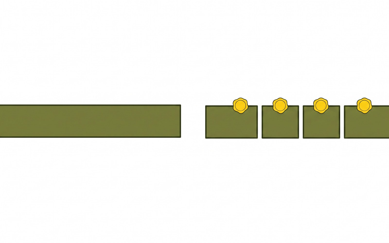 The same length of ribbon shown twice: once as one long unmarked stretch, and once cut into four short segments each finished with a small bright seal