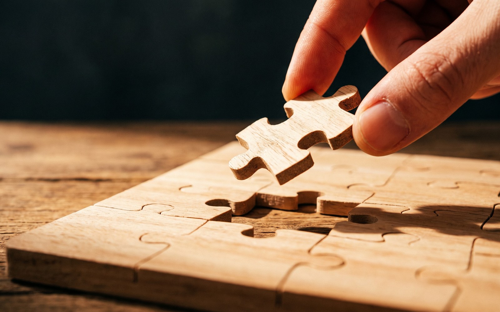 An unfinished wooden jigsaw puzzle with one piece held between two fingers above the gap it fits