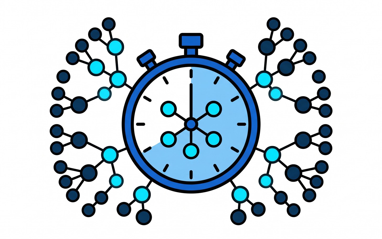 A stopwatch face fused with a branching tree diagram of small dots multiplying outward, half the numbers glowing bright and half fading into darkness