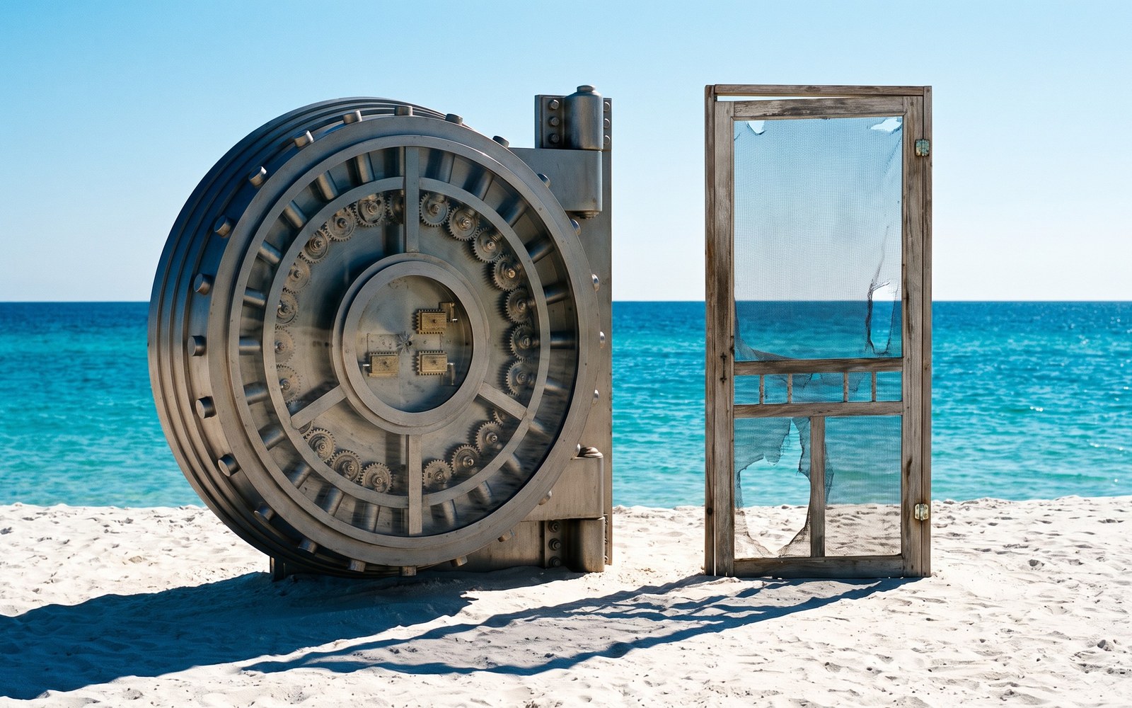 A massive round bank vault door standing open next to a simple, flimsy screen door, side by side in stark contrast