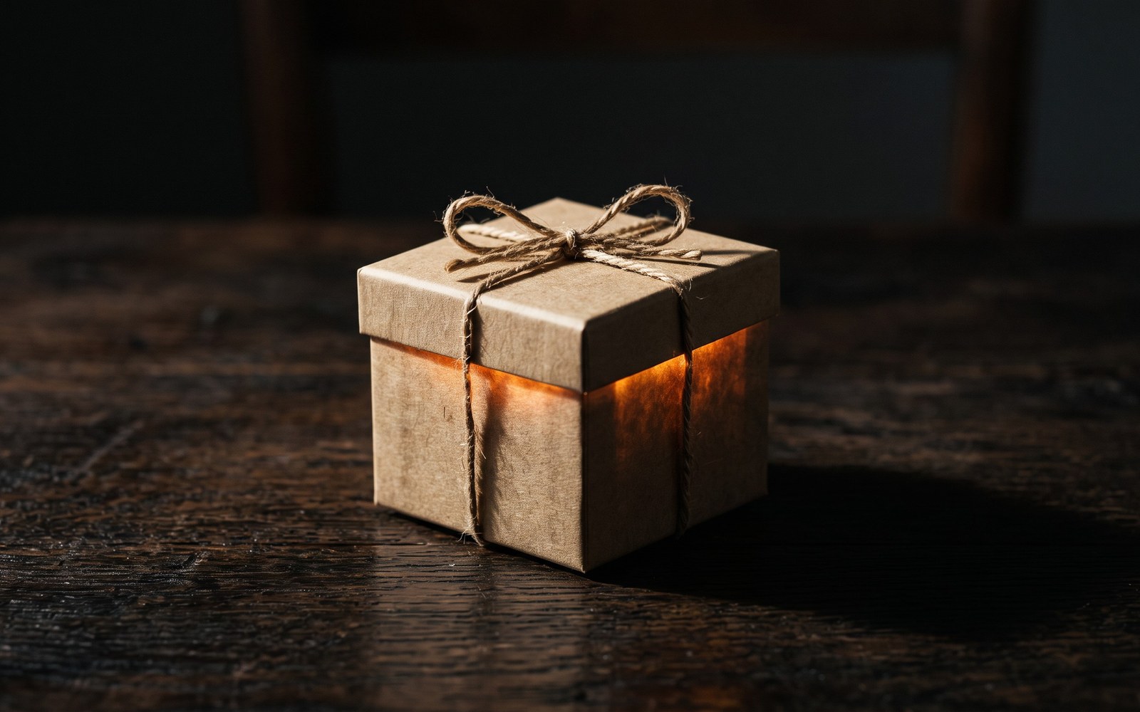A single unopened gift box glowing faintly in an otherwise dim room