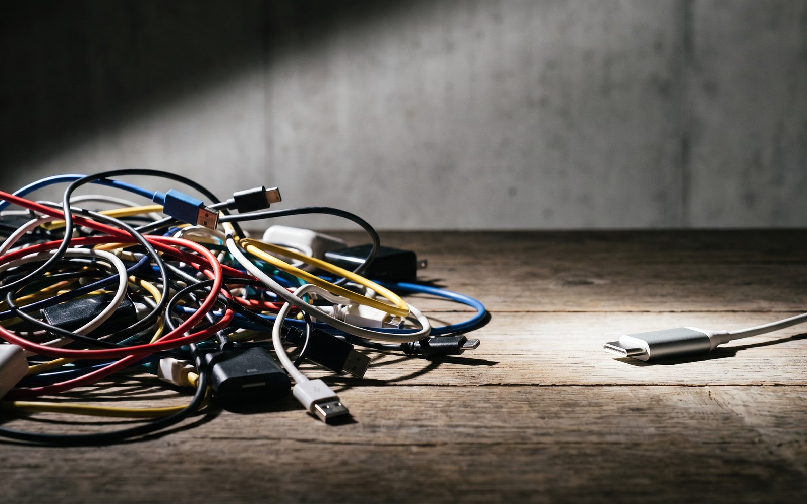 A tangled mess of dozens of different colored cables and adapters on one side, and a single universal connector plug on the other