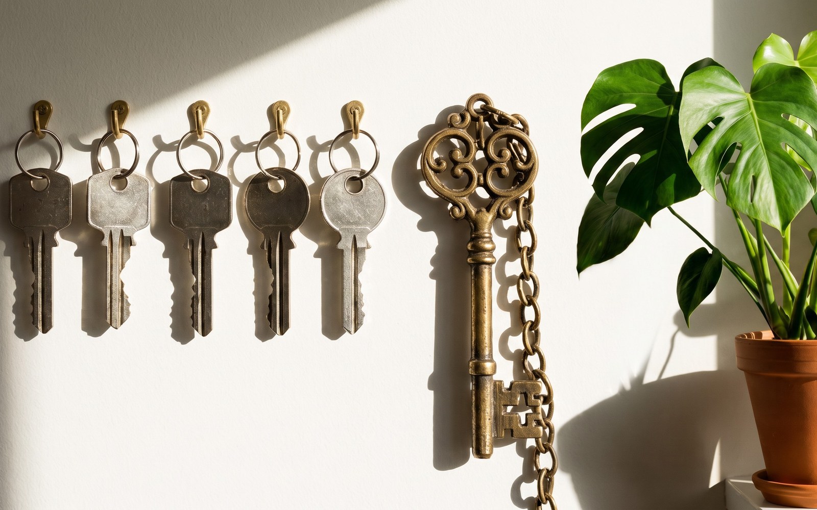 A row of rental apartment keys on hooks beside a single well-worn key on a chain marked as owned, one growing plant beside the owned key
