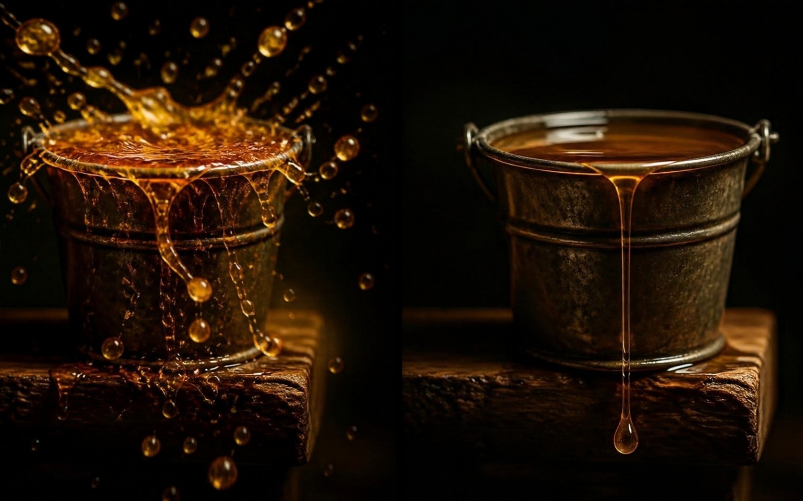 Split image of a metal bucket: on the left, golden liquid splashes and overflows over the rim; on the right, the same bucket drips a single steady stream