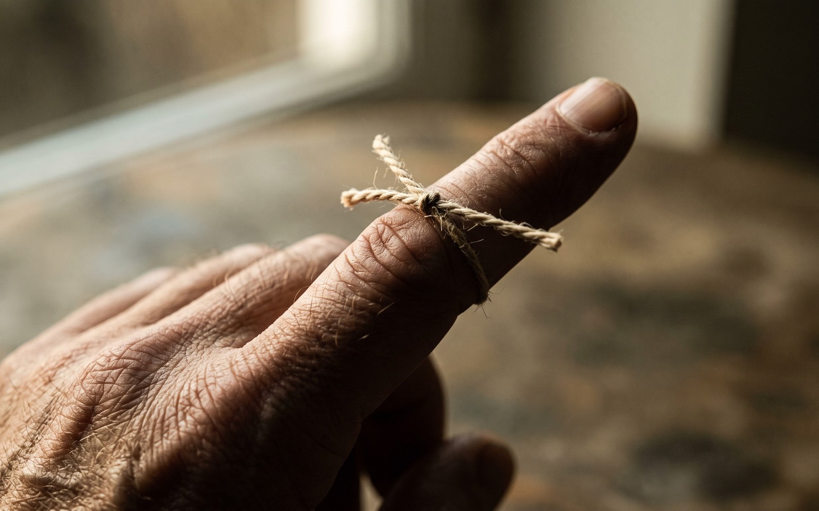 A knot tied around a finger as an old-fashioned memory aid, close up, warm light
