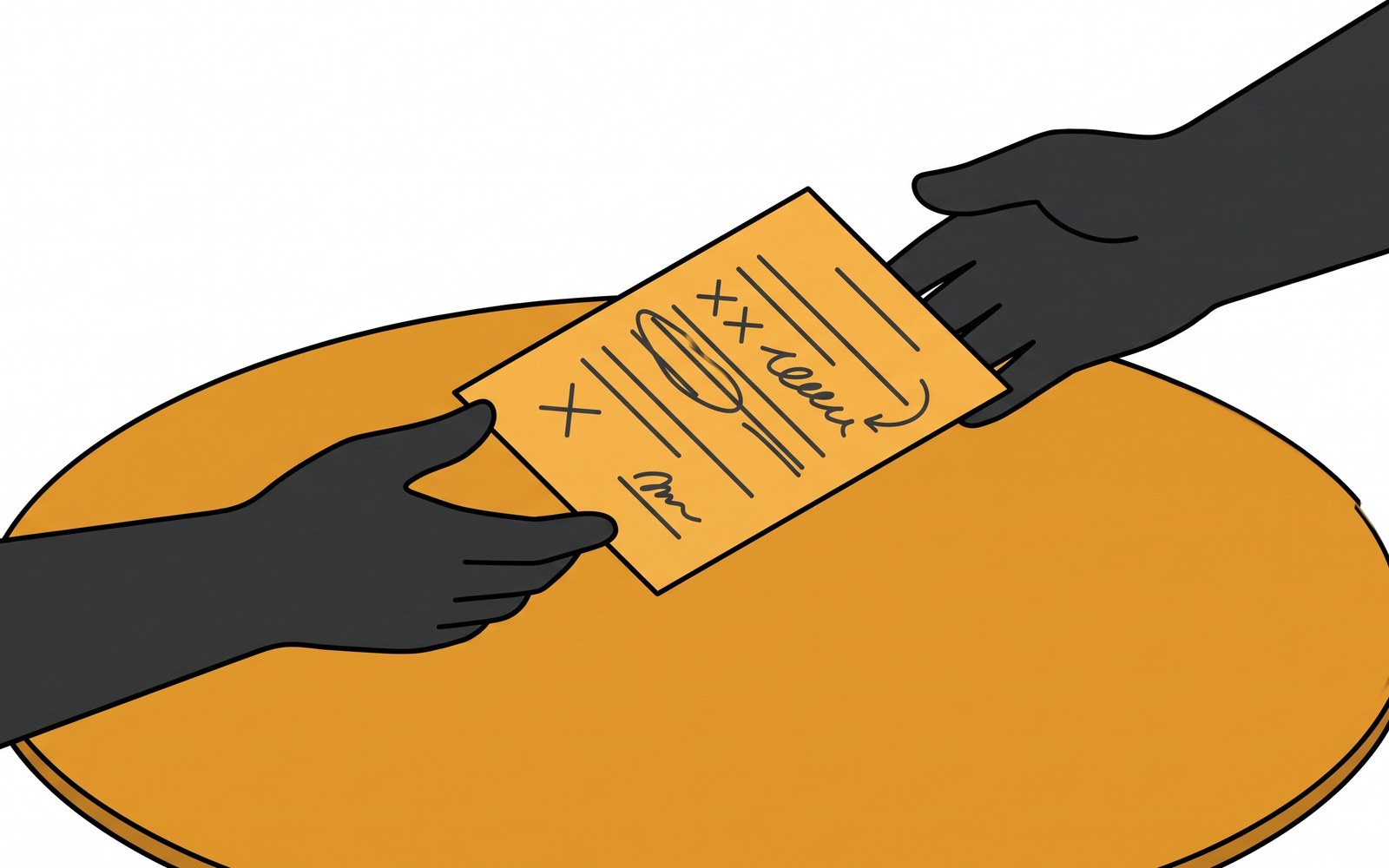 Two hands passing an annotated document back and forth across a round table