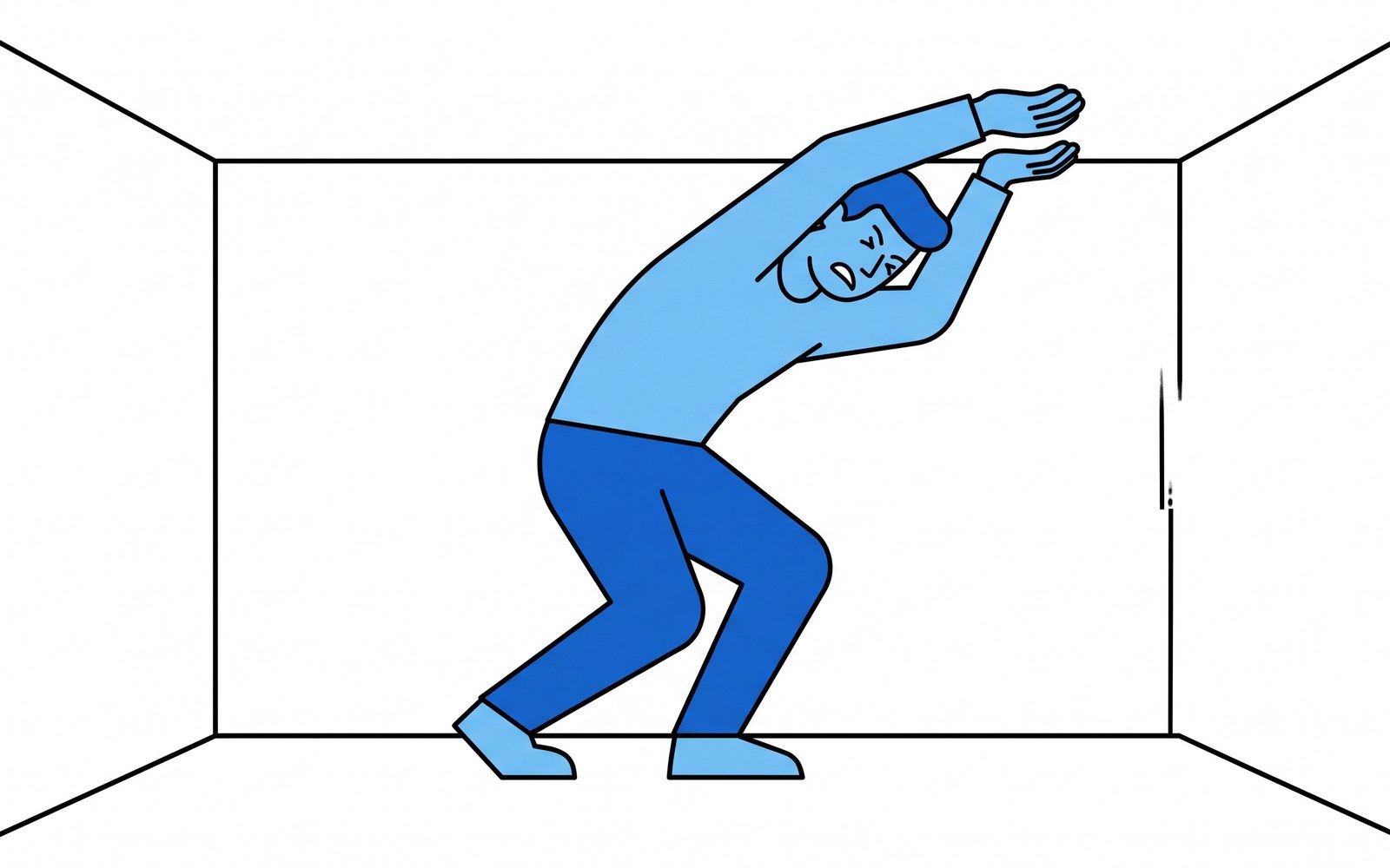 A minimalist white room with almost no furniture, but a person standing in it visibly straining under a heavy invisible weight above their head