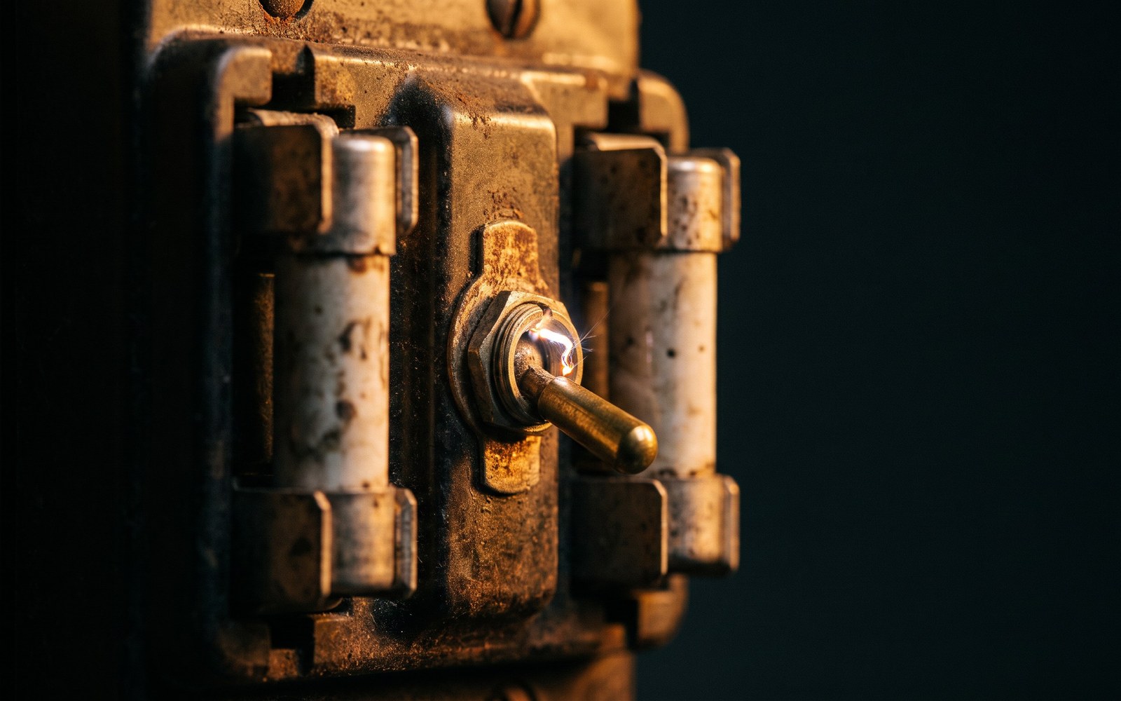 An old fuse box with one switch caught mid-flip and a faint contained spark