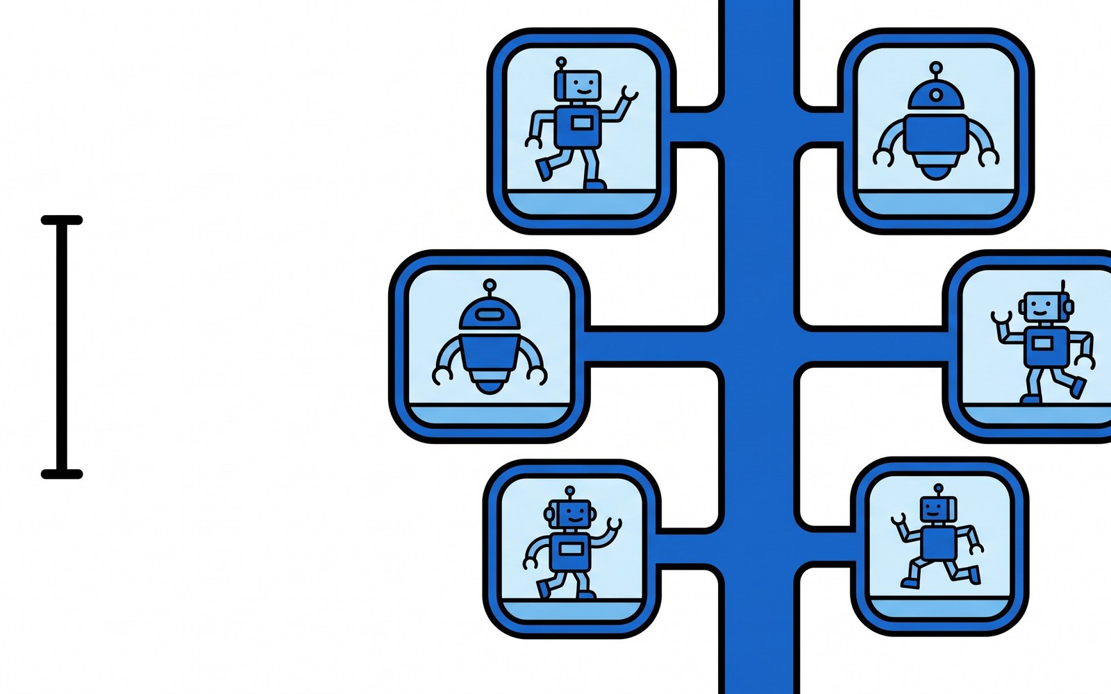 An empty editor cursor blinking alone on the left, while on the right several isolated glowing sandboxes each contain a small working agent branching off from the same trunk