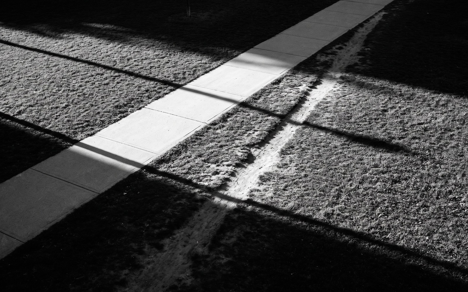An aerial view of a paved sidewalk beside a worn dirt desire path cutting across the grass