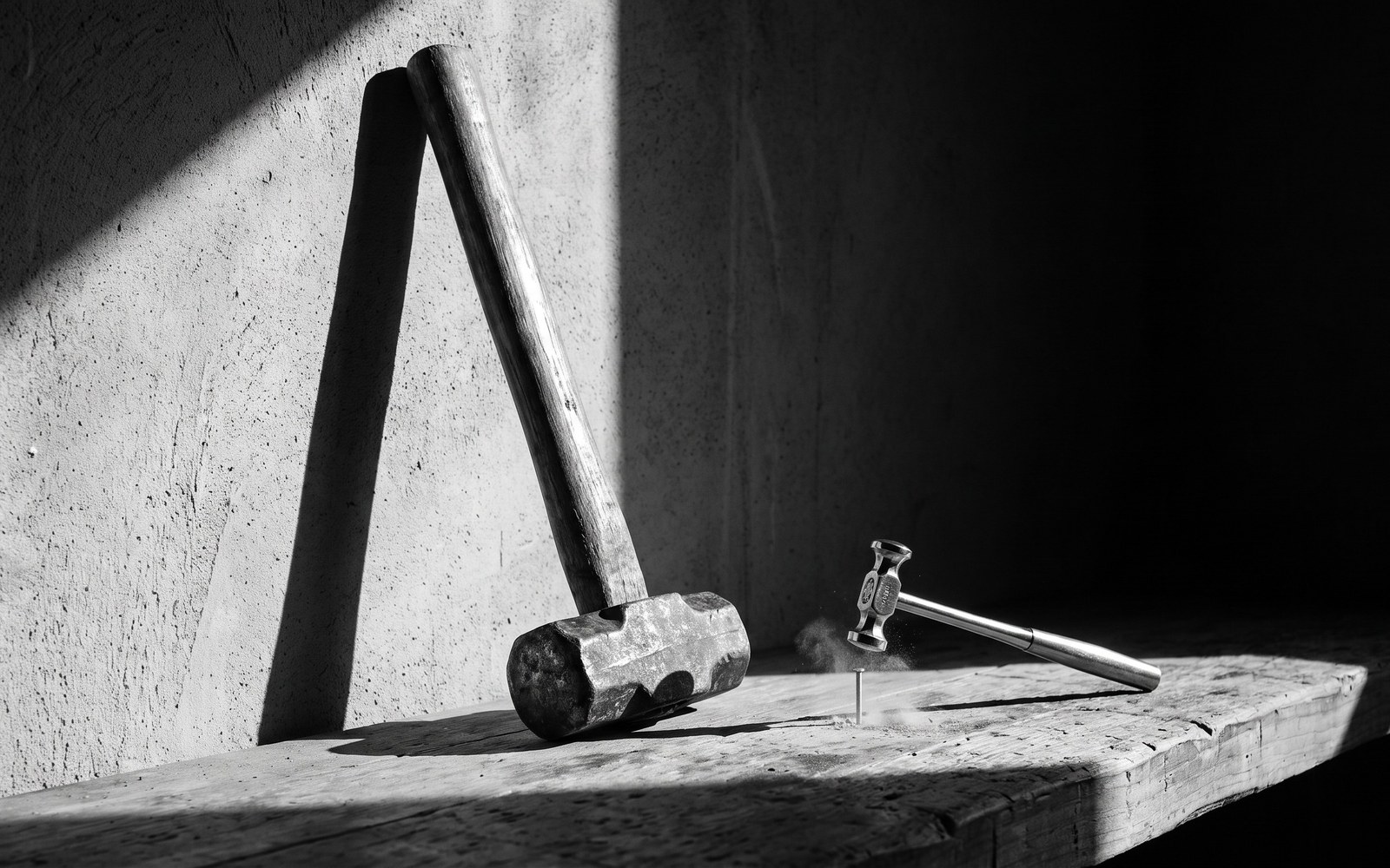 A giant sledgehammer leaning unused against a wall beside a small precise jeweler's hammer actively tapping a tiny nail