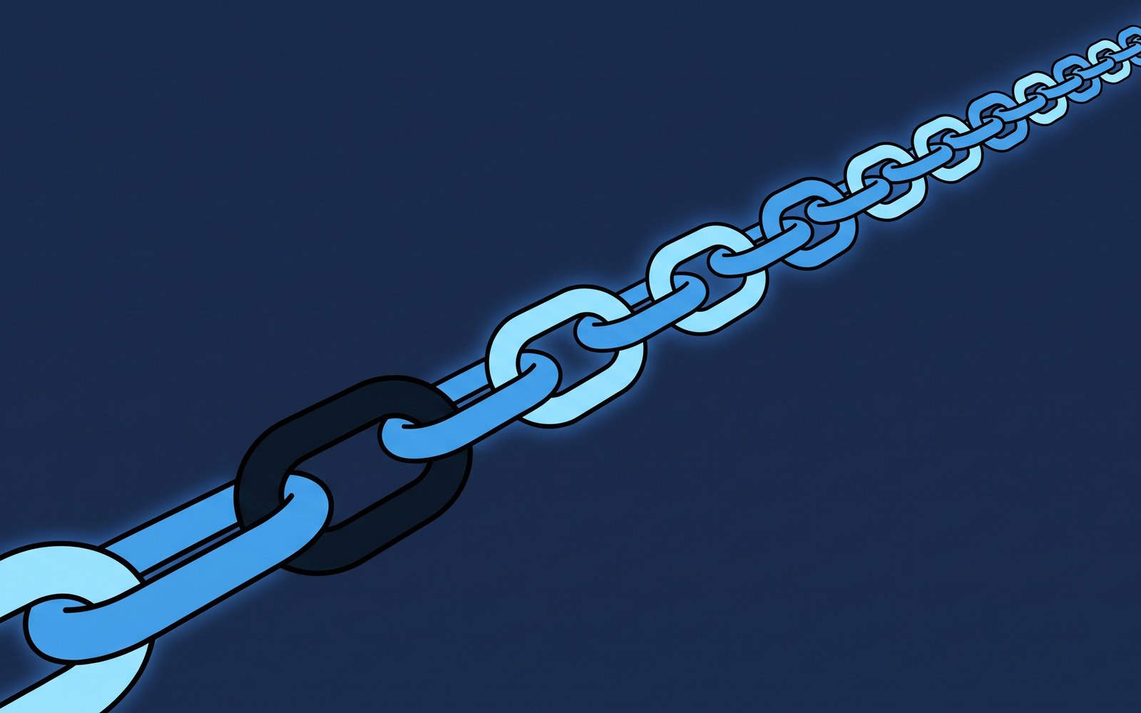 A long unbroken chain of small lights with one link gone dark, the rest of the chain still glowing and continuing onward