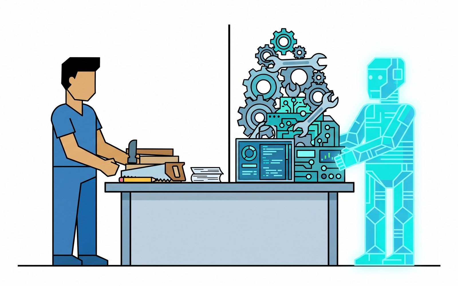 A human figure and a glowing machine figure standing at a shared workbench divided into two zones of different sizes, each handed a different stack of tasks assigned by where their time is worth most rather than by who is faster