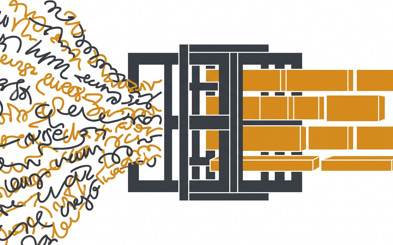 Chaotic scribbled text flowing into a geometric gate structure and emerging on the other side as neat, orderly brick-like blocks