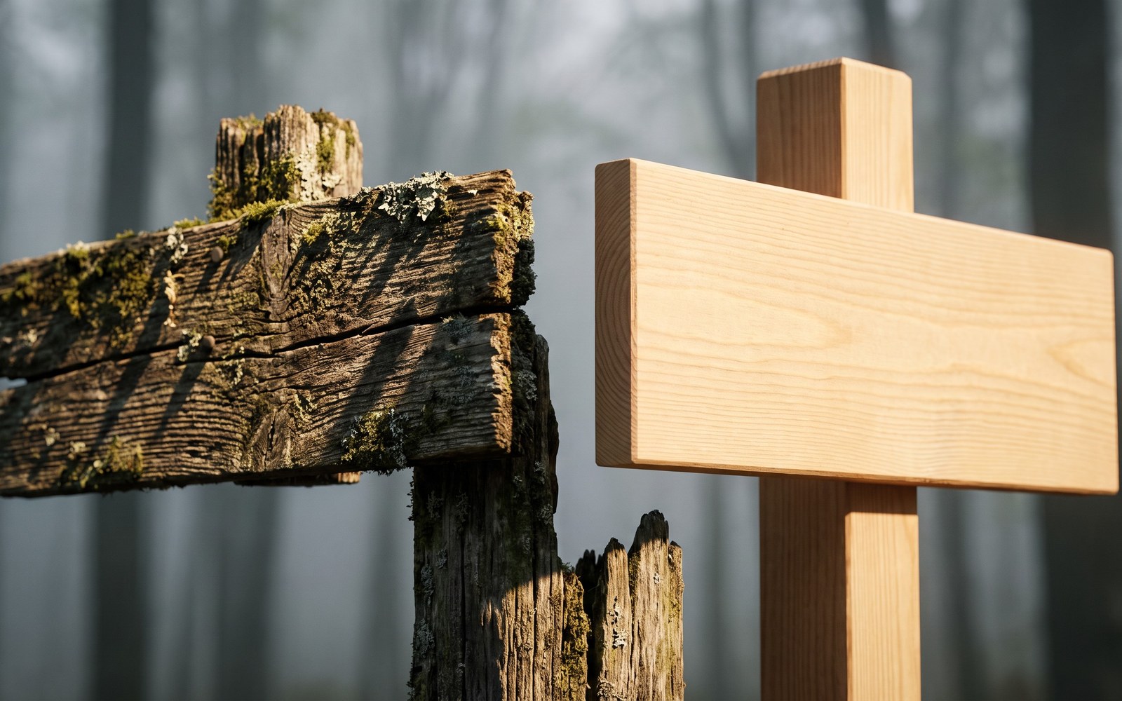Two wooden signposts at a misty forest fork, one weathered and familiar, one blank and new