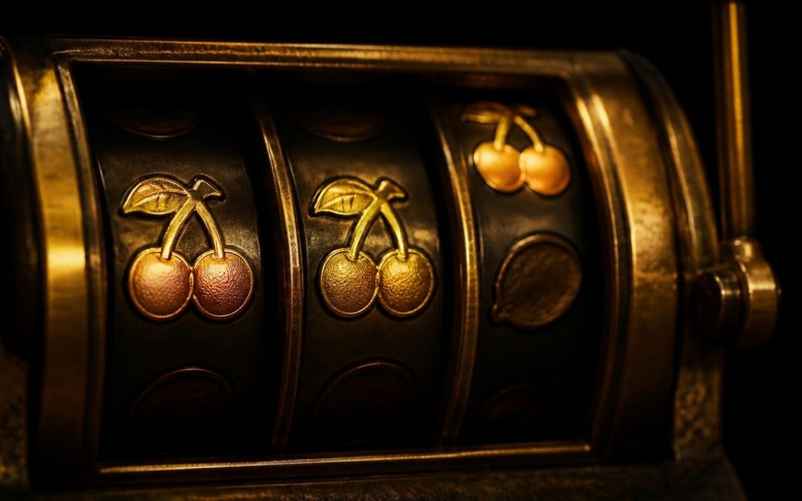 Close-up of a vintage slot machine reel showing two matched cherries and a third cherry one position short of lining up