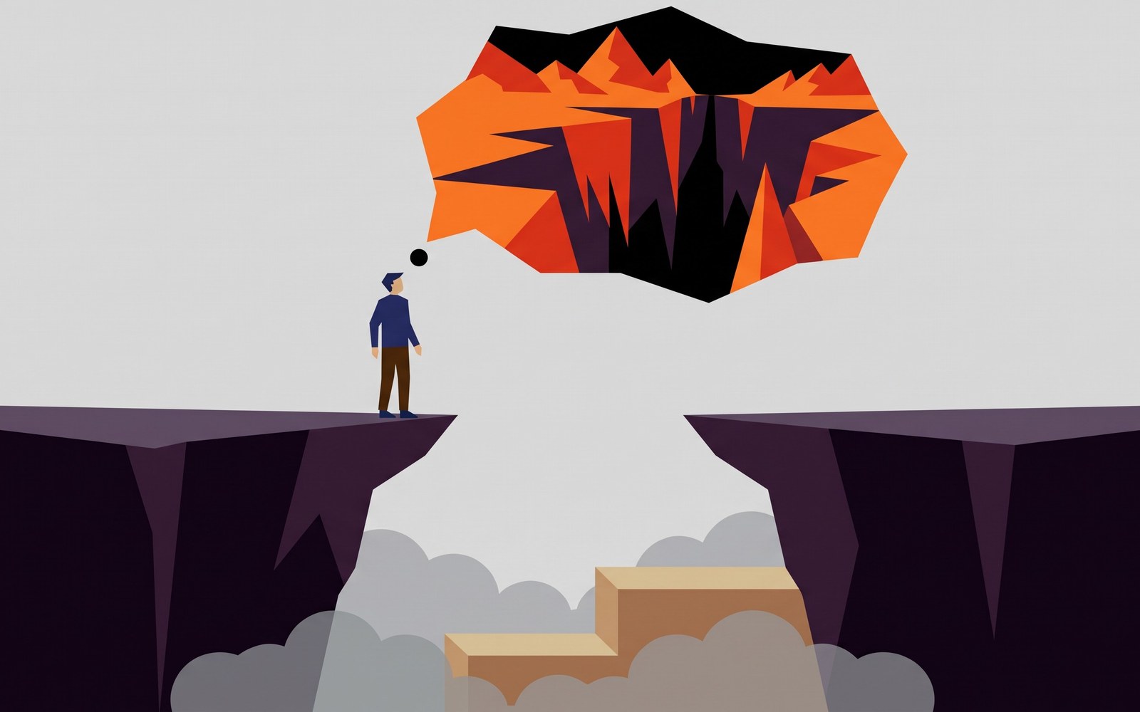 A person standing at the edge of a dark chasm imagining a huge jagged crevasse below, while the actual ground just beneath the mist is a small, shallow, easily crossed step