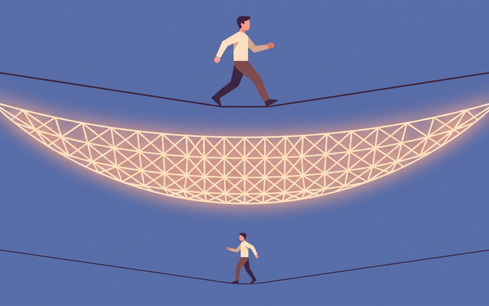 A tightrope walker striding confidently and quickly across a high wire, a soft net glowing faintly below, walking noticeably bolder than a walker on the same wire with no net at all