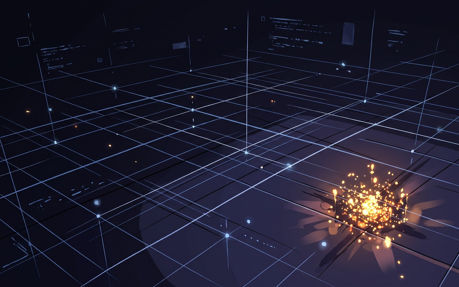 A wide, mostly empty grid of thin scattered light points with one small, extremely dense cluster of light glowing in a corner