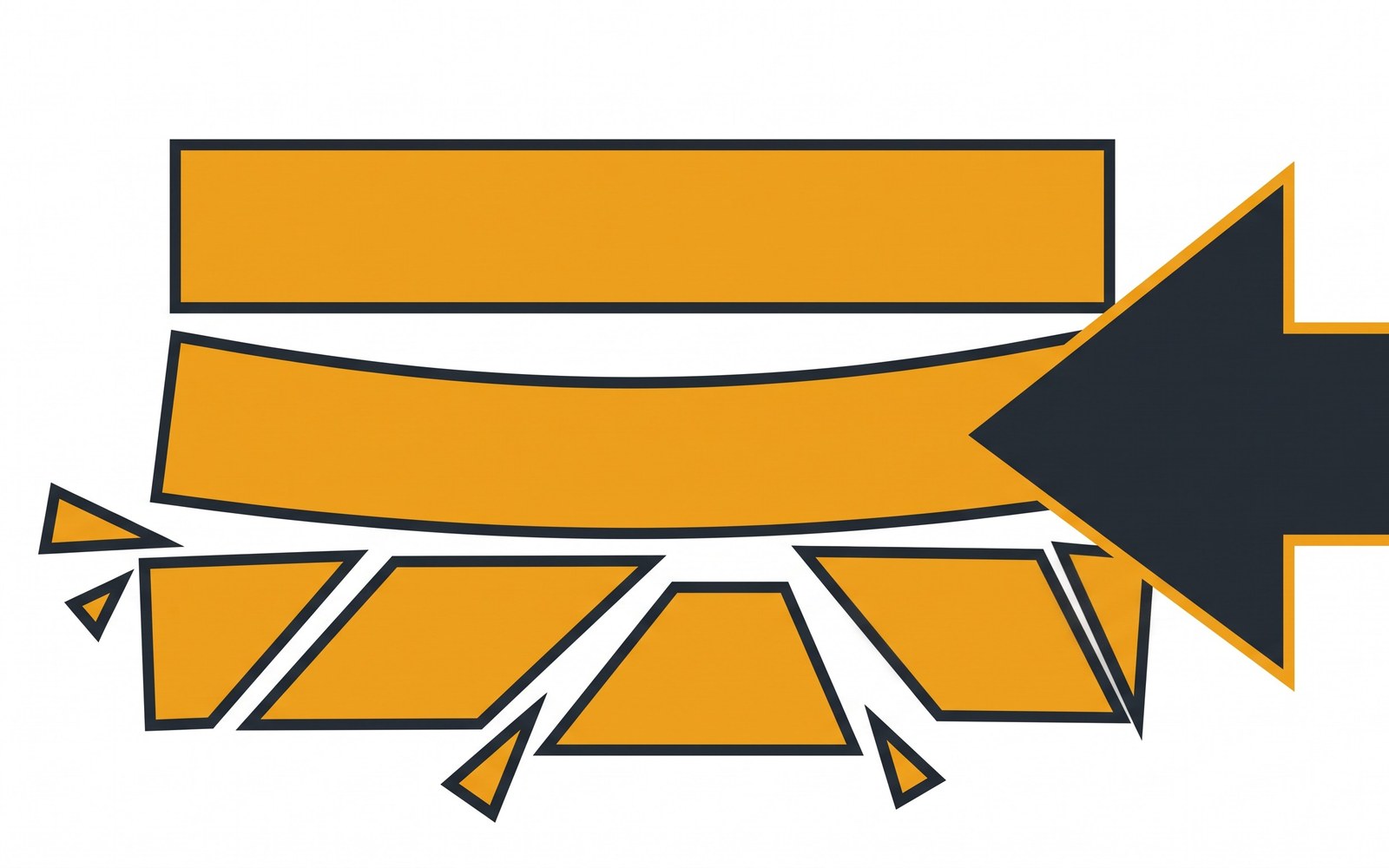 Three stacked bands struck by an arrow from the side — the top band holds intact, the middle bends, and the bottom shatters into fragments