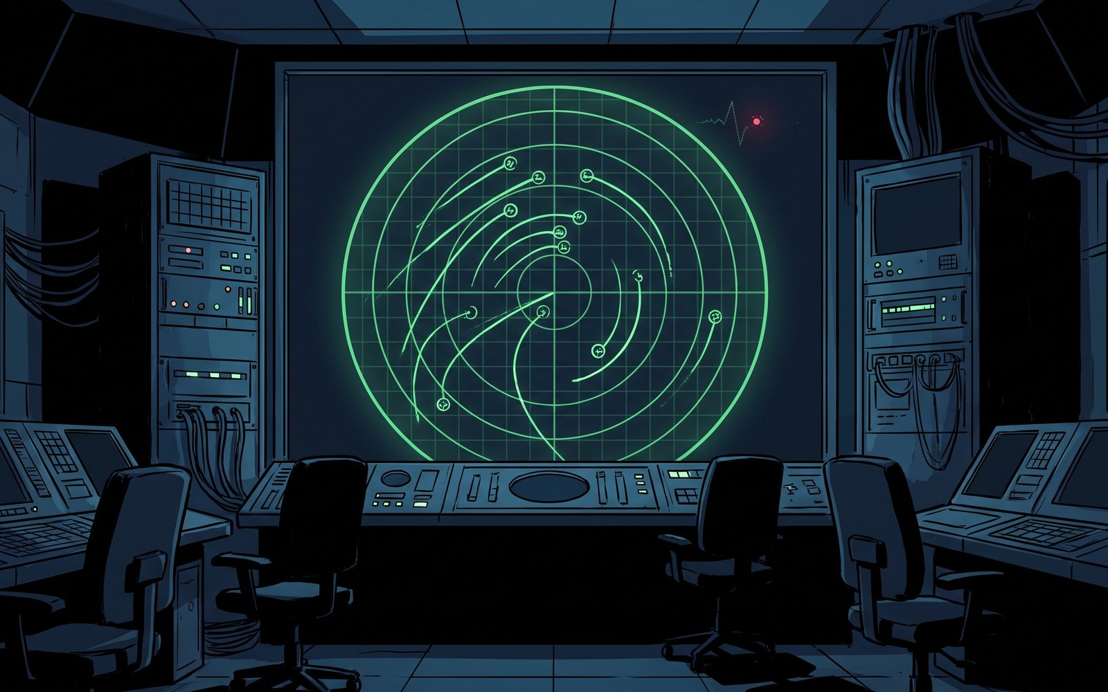 An air traffic control radar screen glowing steadily with green confirmed tracks, while a single faint red conflict blip appears unnoticed in a corner nobody is watching