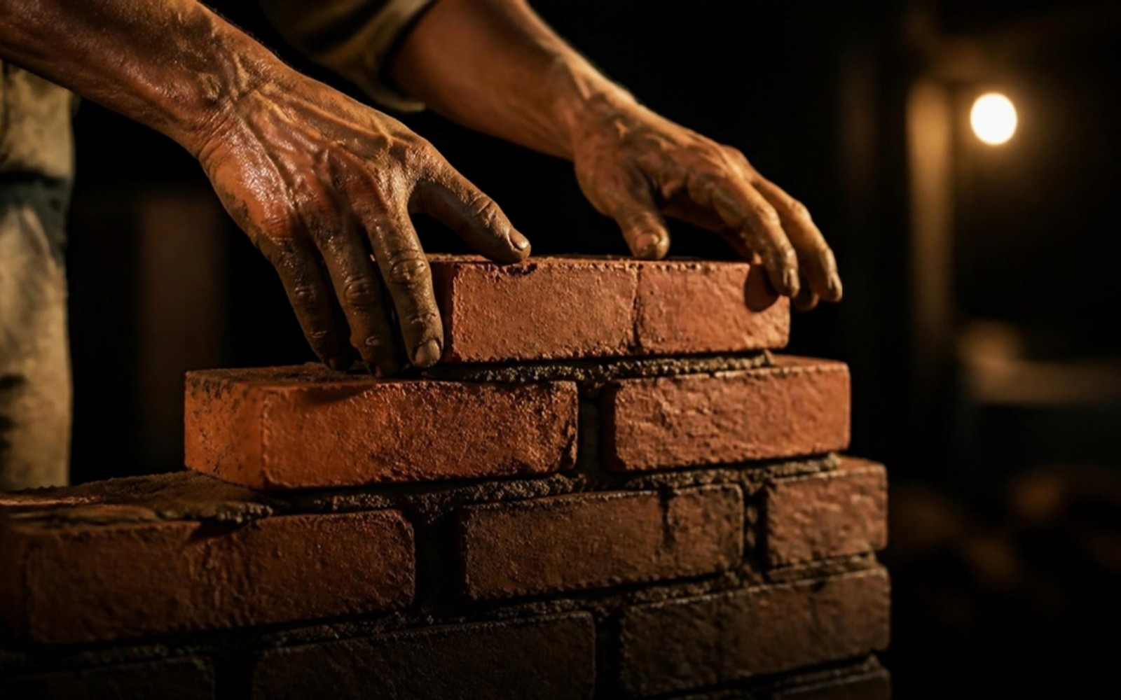 Close-up of weathered hands laying a new brick on top of a partially built brick wall, warm light glowing in the background