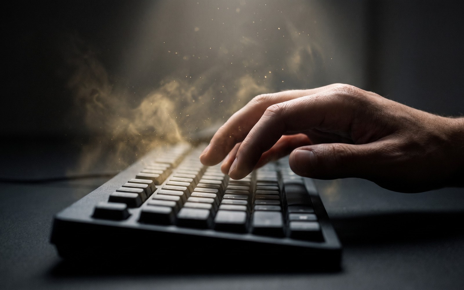 A single hand hesitating over a keyboard, half-typed words dissolving under a faint spotlight from above