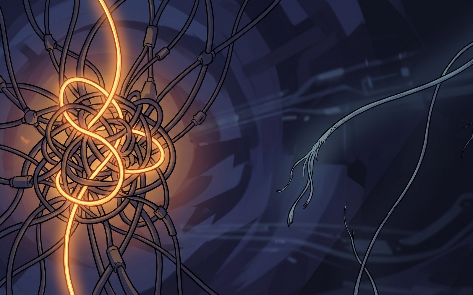 A single glowing thread wired into a dense hub of many other threads, versus a lone dim thread with almost no connections