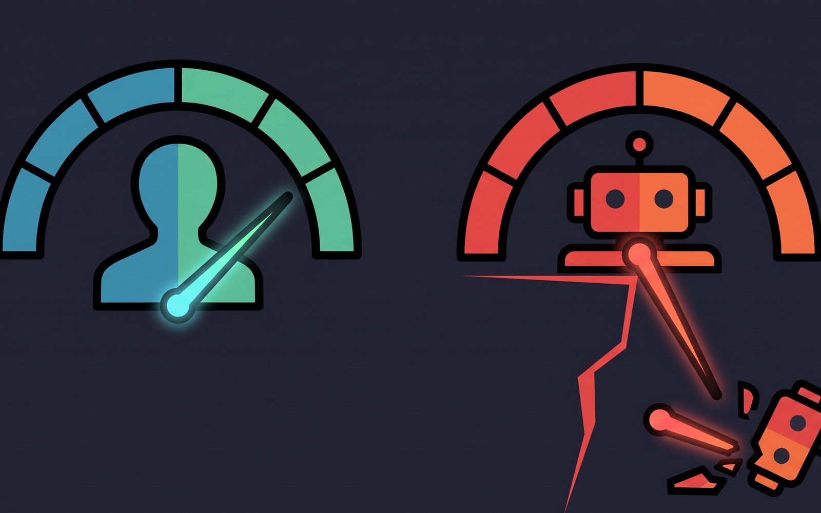 Two trust gauges side by side, one labeled a person dipping and recovering after a mistake, the other labeled the model falling off a cliff edge at the same mistake and staying broken