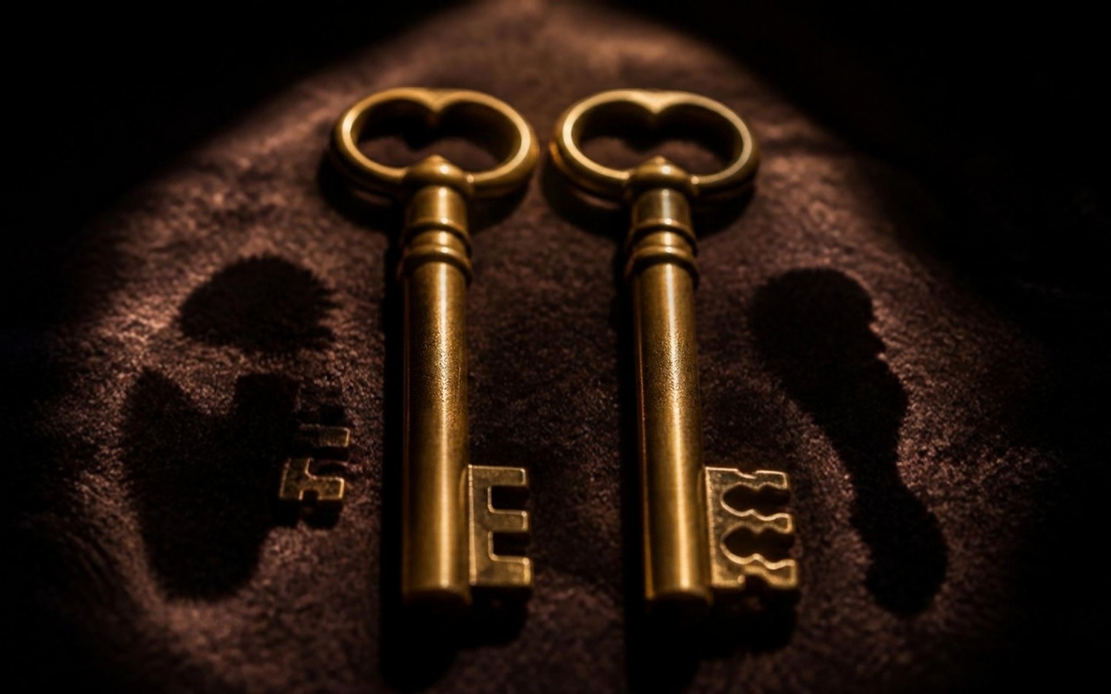 Two identical antique brass keys lying side by side on dark leather, casting slightly different shadows