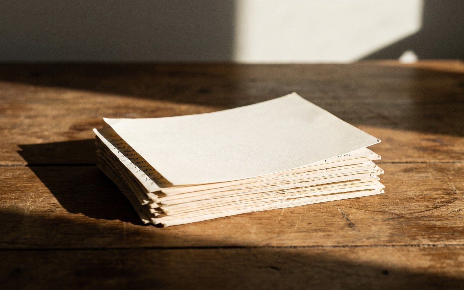A stack of handwritten index cards on a wooden desk in soft window light, the top card blank