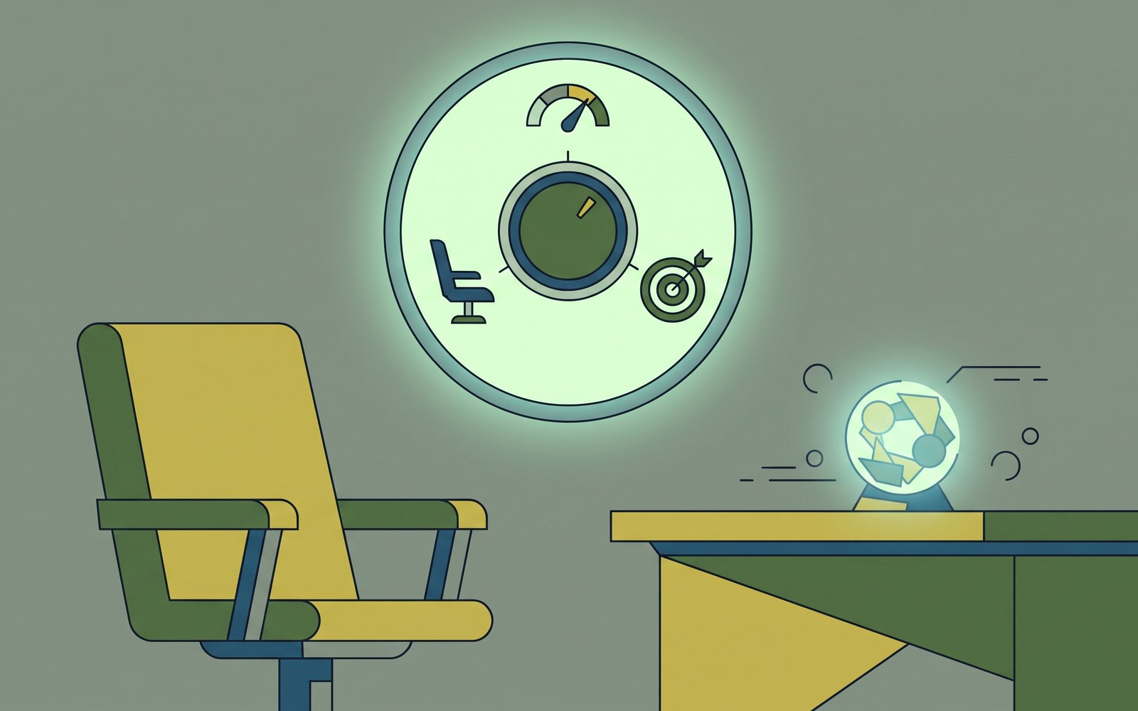 A pricing dial with three positions labeled seats, usage, and outcomes, an empty office chair sitting unused in front of it while a glowing agent icon does the work off to the side