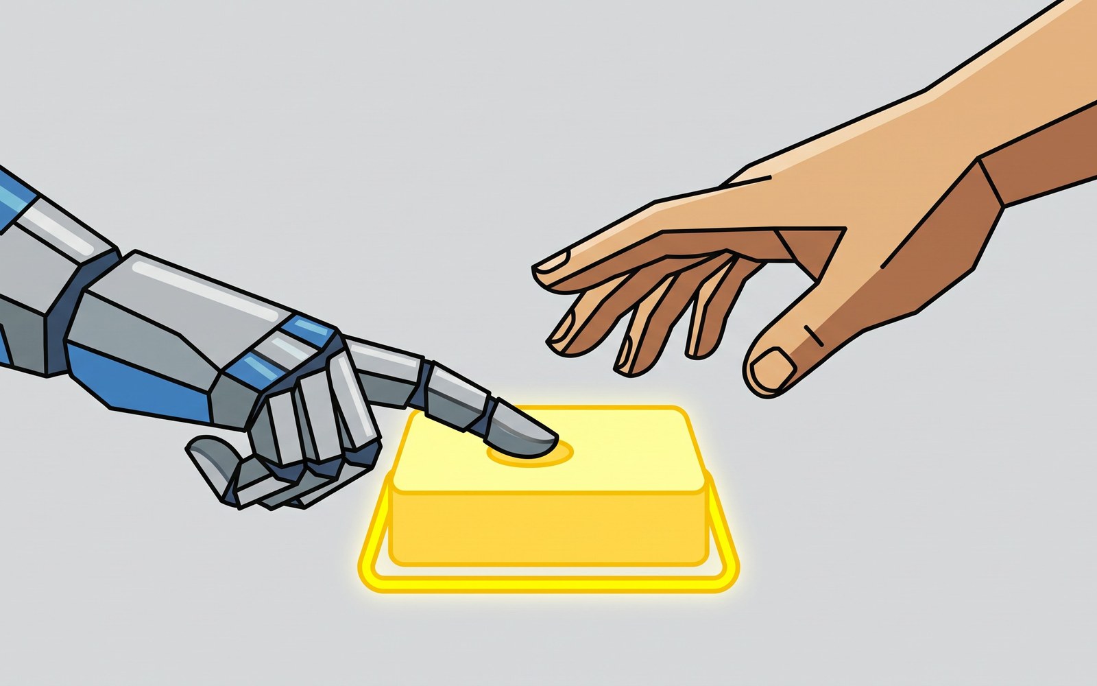A person's hand reaching toward a glowing checkout button, but an autonomous robotic hand has already pressed it first, the human hand arriving a moment too late