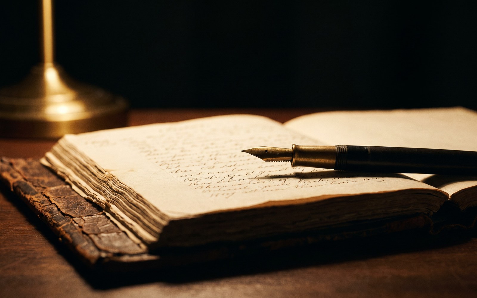 An old leather-bound logbook open on a desk with a fountain pen resting across the page