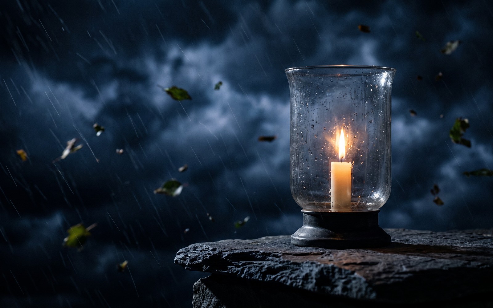 A lit candle inside a glass lantern, rain and leaves blowing past it in a dark storm, the flame still burning