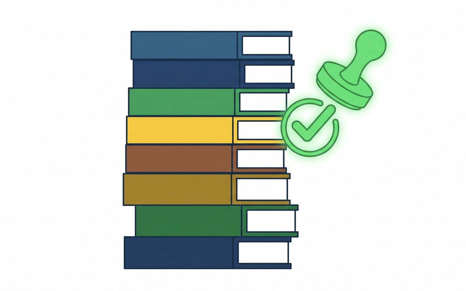 A tall ladder of ranked rulebooks stacked in priority order, with a glowing checkmark stamp hovering beside the stack ready to test each rule