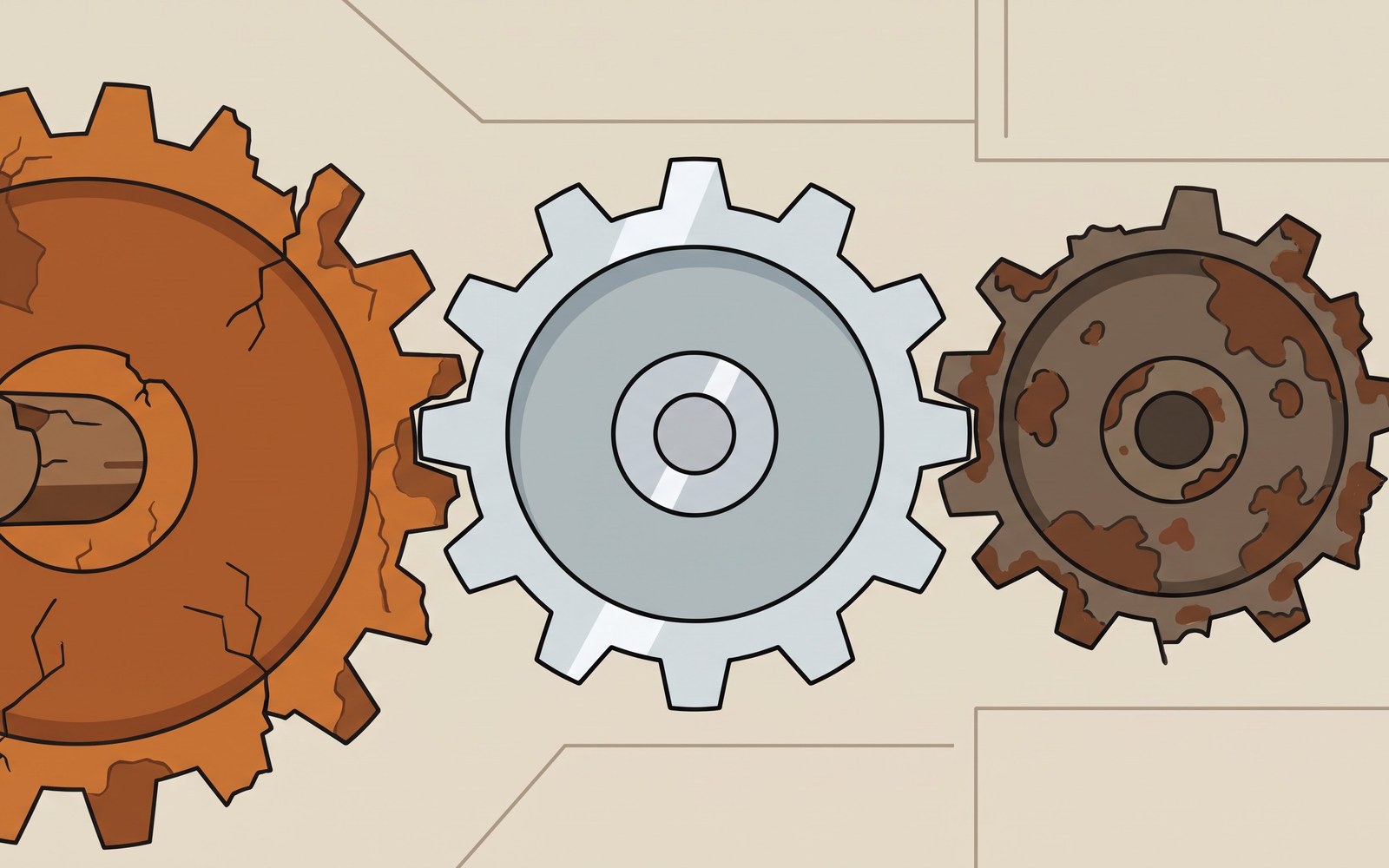 A single polished new gear turning smoothly in the middle of a machine, while the mismatched rusted gears before and after it grind and fail to connect